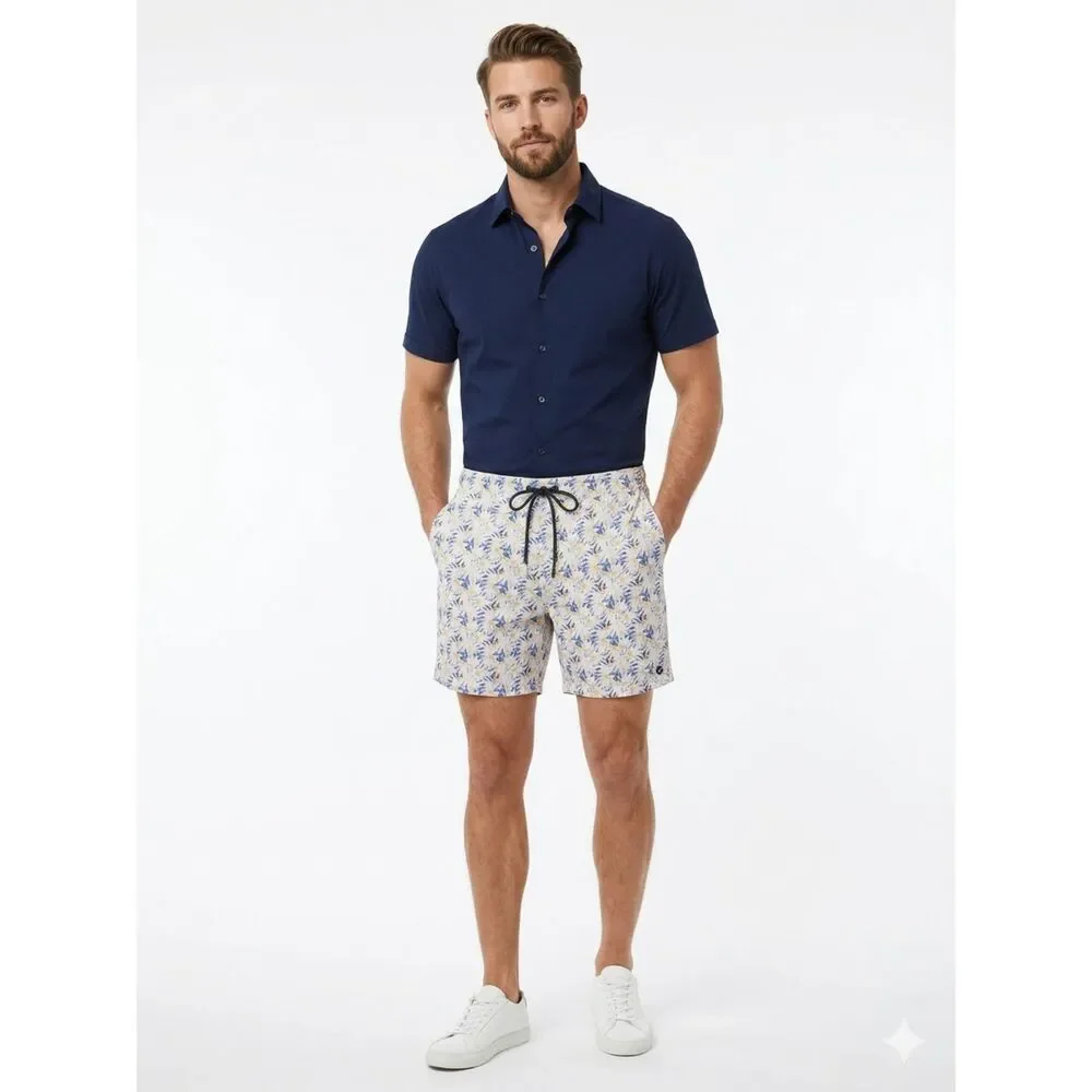 Johnnie-O Grenada Swim Trunk Shorts Men L Yellow Blue Hawaiian Preppy Vacation